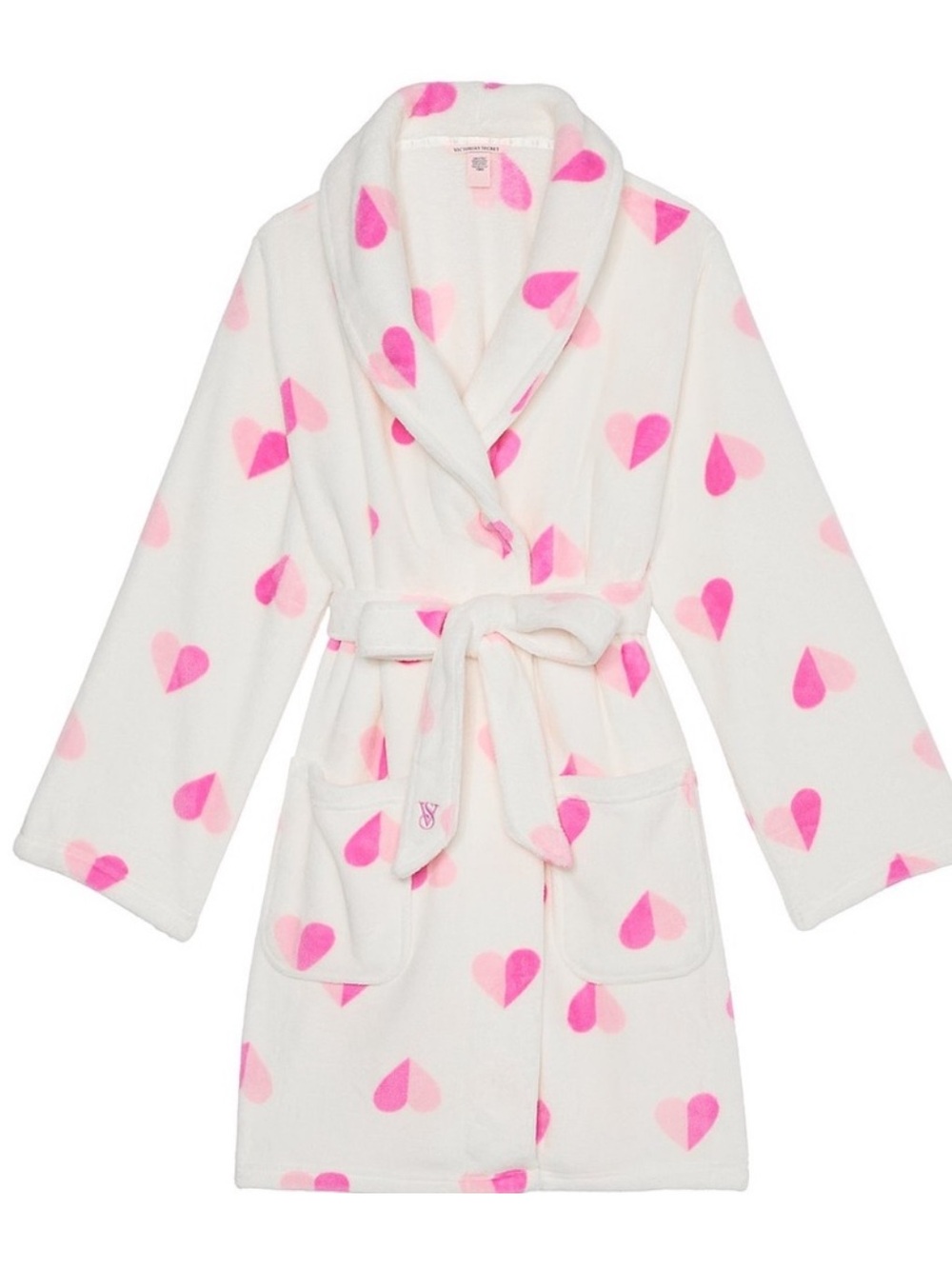 Victoria's Secret White Fleece Robe with Pink Heart Print